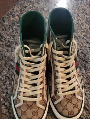 Gucci Beige GG Supreme High-Top Sneakers with Green & Red Web